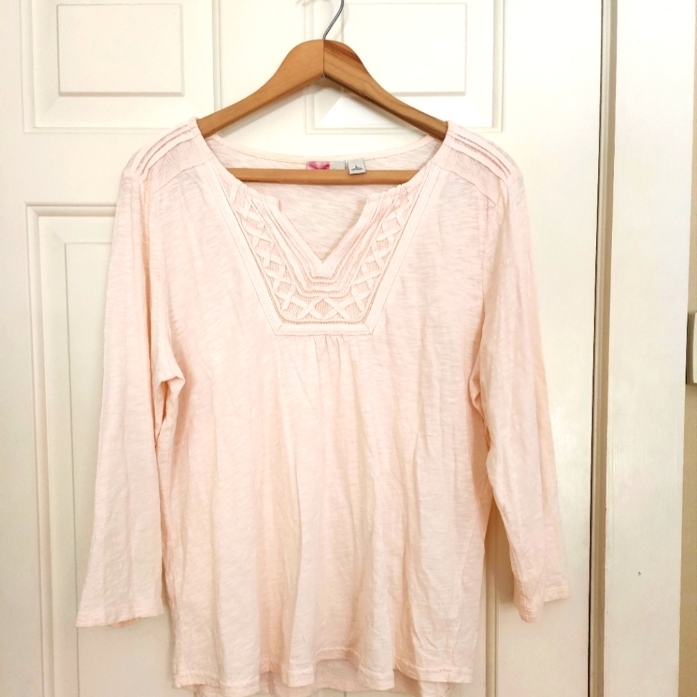 Llbean Peach Cotton 3/4 Sleeve With Soutache Trim Top Size Large Spring Beach